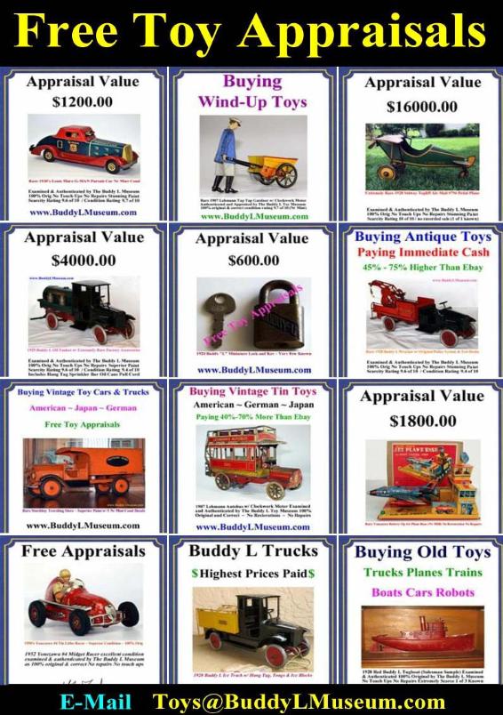 Free Toy Appraisal Budd L Museum buying Antque Toy Collections. Free Tin Toy Appraisals Free Cast Iron Toy Appraisals Pressed Steel Toy Appraisals